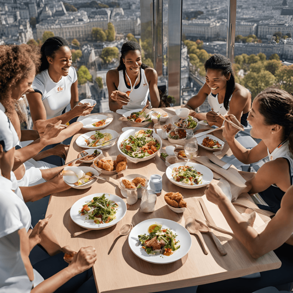 Atletas disfrutando de una comida saludable en la Villa Olímpica de París 2024.