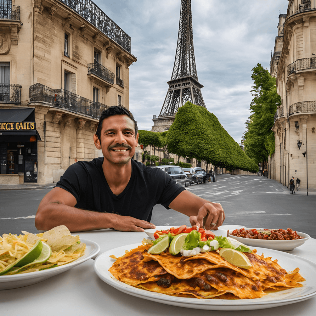 Taquero en Francia preparando tacos con información sobre su sueldo.