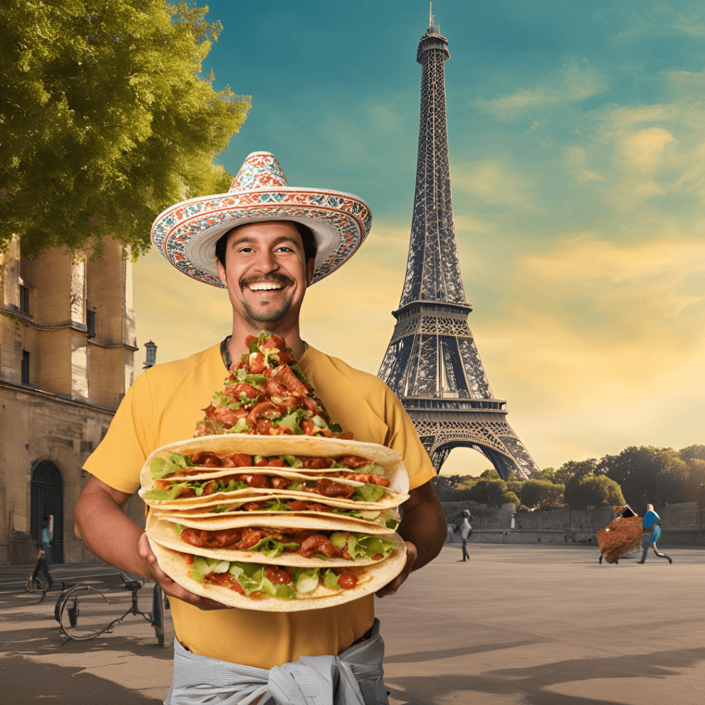 Taquero en Francia preparando tacos con información sobre su sueldo.